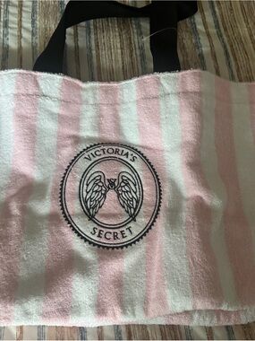 Victoria's Secret Pink and White Striped Tote with Black Logo Emblem